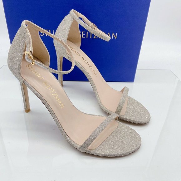 Stuart Weitzman Nudistsong High Heel Ankle Strap Sandal Platino Glitter US 10 B - Picture 3 of 10